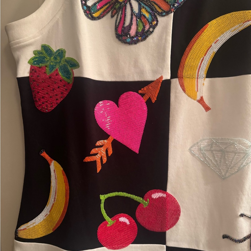 QUEEN OF SPARKLES Black & White Patchwork Tank dress Colorful Appliqués XL - Picture 4 of 7